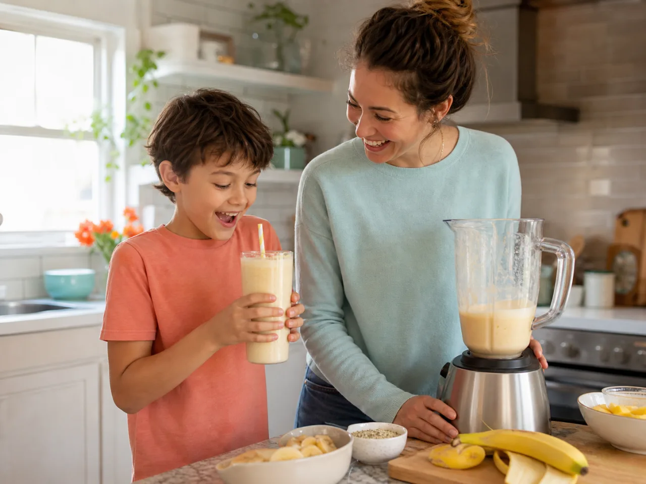 A parent and child making a vanilla smoothie together in the kitchen