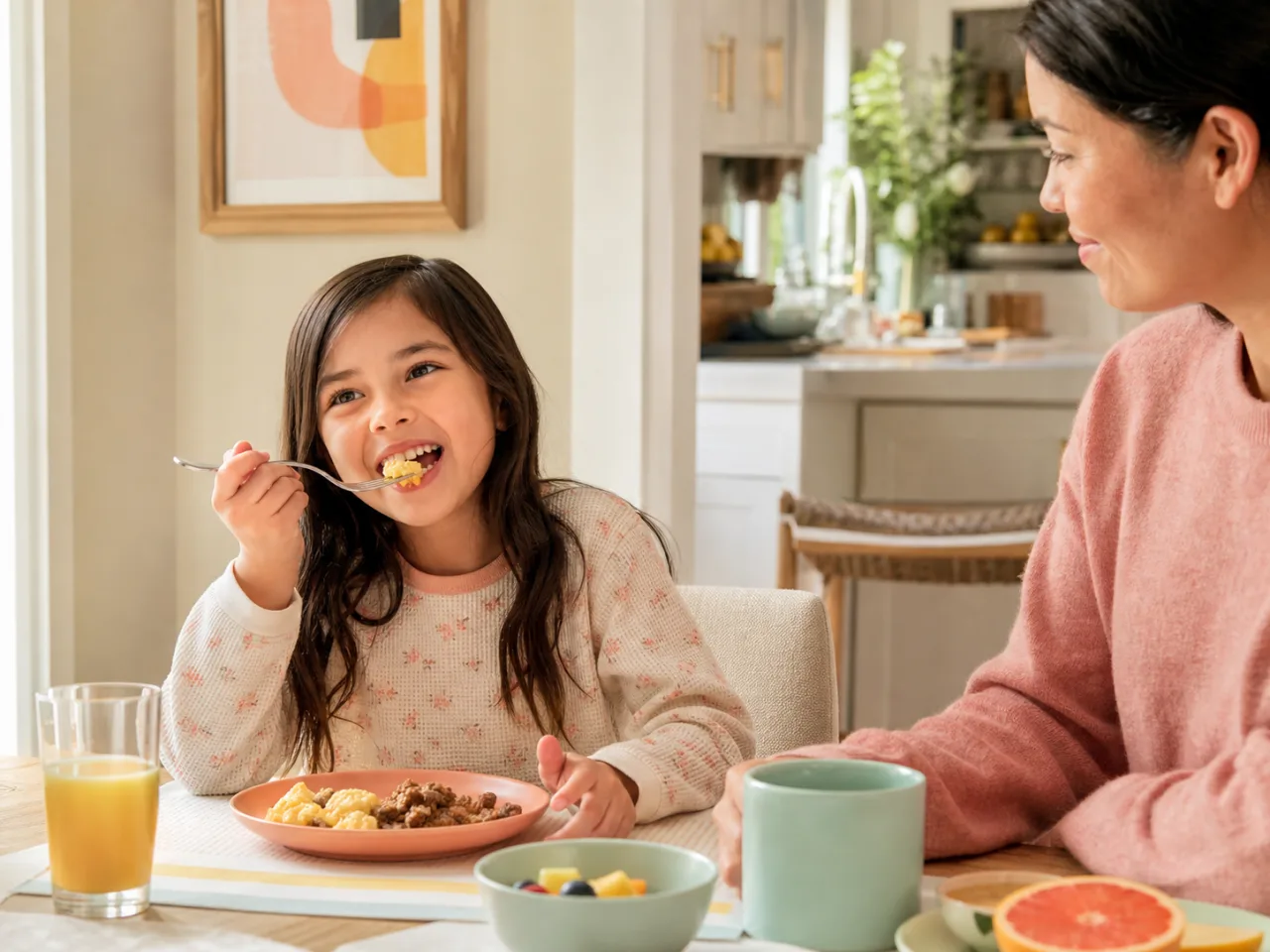 A child enjoying eggs and taco meat for breakfast with a parent